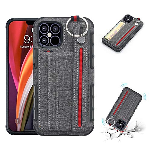 Phone Brieftasche, Telefontasche, TPU-Ledertasche mit Kartenhalter Handriemen Kickstand stoßfeste Schutzhülle für Apple iPhone,Grau,12