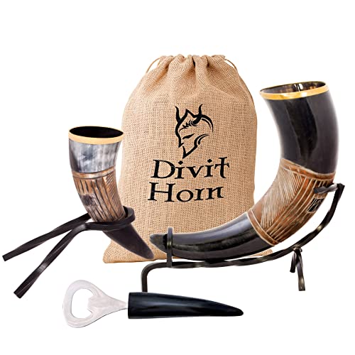 Divit Authentic vikinga Cuerno Para Beber, Cuerno Chupito, Abridor de Botellas (3 Pc. Set) | Auténtico bocina de cerveza medieval | de regalo de arpillera incluido. (16 oz, Jarl, Polished)