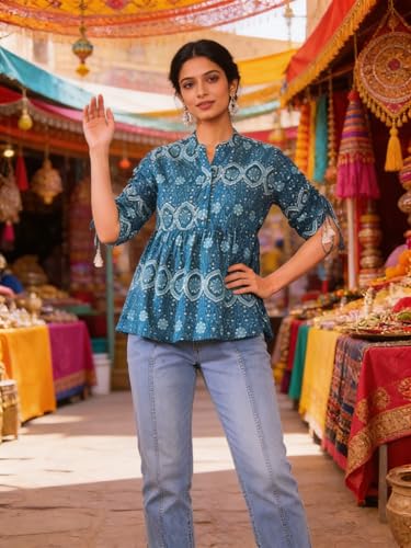 Image of Lymio Women's Printed Short Kurti Top | Rayon Mandarin Collar Casual Ethnic Tunic | Summer Printed Top (K-249)