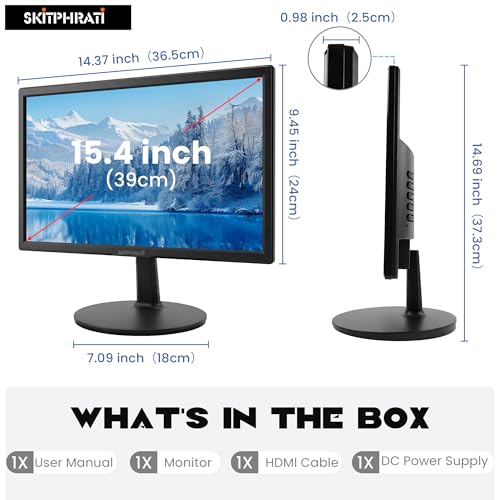Image of SKitphrati 15.4-inch Monitor 1200x800 Resolution PC Monitor with HDMI, VGA, 60Hz Refresh Rate, VESA Wall Mount Support, Ideal for Office and Home Use, Black