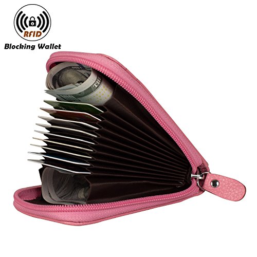 Image of Credit Card Case Organizer Genuine Leather Zip-Around Security Wallet Pink