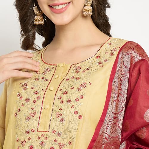 Image of Rangavali Beige Gold Embroidered Festive Anarkali Kurta Set | Chanderi Readymade Outfit Kurti for Womens | Kurti Set for Ladies
