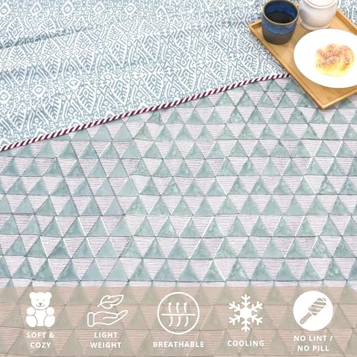 Image of TOAIArt Premium Jaipuri Dohar | AC Blanket Summer Quilt | Hand Block Printed | 3 Layers | Reversible | 150GSM 100% Mulmul Cotton | 100% Cotton Flannel Filling | King 108 inch X 90 inch |Geometric Triangles