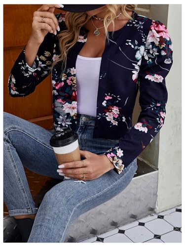 OYOANGLE Women's Floral Print Gigot Long Sleeve Open Front Jacket Lightweight Cropped Outwear4