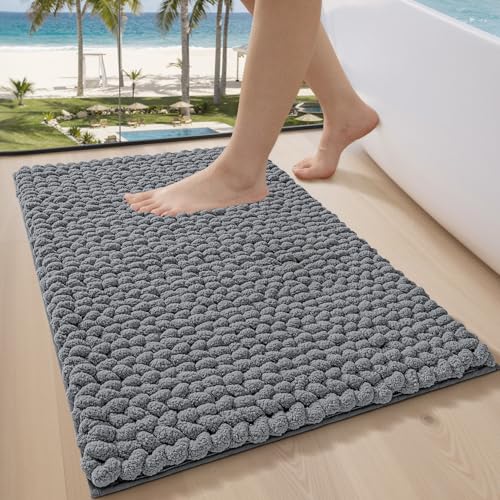 Image of LUMI Luxury Chenille Bath Mat, Ultra Soft Non Slip Thick Bathroom Rug, Machine Washable Quick Dry Rugs, Cozy Braid Design Floor Mat for Bathtub, Sink, Laundry, Grey, 40x60cm