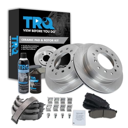 Image of TRQ Rear Brake Pad & Rotor Kit, with Chemical Kit Parking Brake Shoe Set Ceramic Compatible with 2003-2009 Lexus GX470 Toyota 4Runner 2007-2009 FJ Cruiser 2001-2007 Sequoia