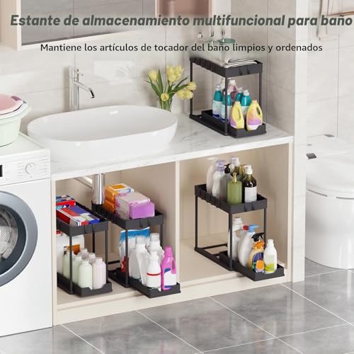 Miniatura 9 de Meltrck 2 Paquete Organizador Cocina 2 Niveles Para Debajo Del Fregadero - Organizador Extraíble Estante Almacenamiento Debajo Fregadero Con 16 Ganchos,Negro