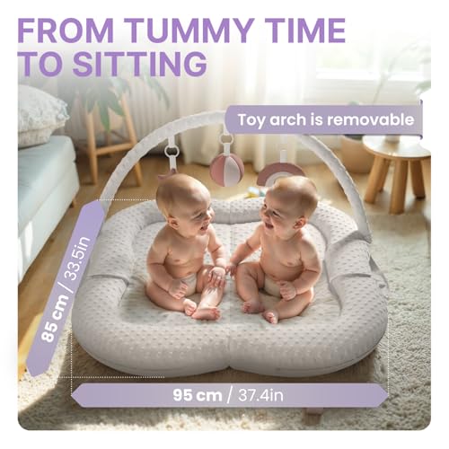 Image of Twins Baby Play Mats for Floor Activity Gym - 5-in-1 Support Cushion Baby Play Mat Tummy Time Mat for Supervised Bonding with Arch, Plush Toys, Flashcards & Developmental Book - Grey