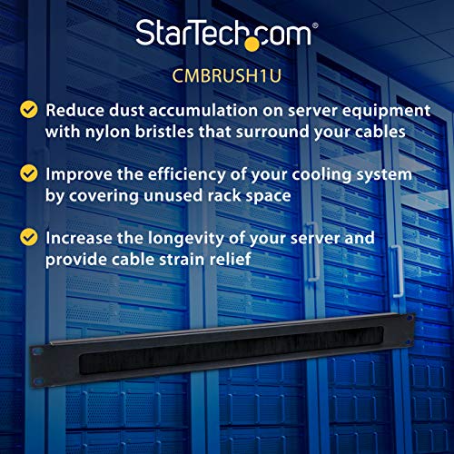 Image of StarTech.com 1U High-density Brush Strip Cable Management Panel - Sturdy Steel Horizontal Data Centre Cable Management Panel (CMBRUSH1U),Black