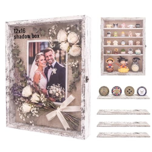 Image of GMFrames 12x16 Wooden Shadow Box Frame with Removable Shelves Deep Display Case for Military Medals Keepsakes White