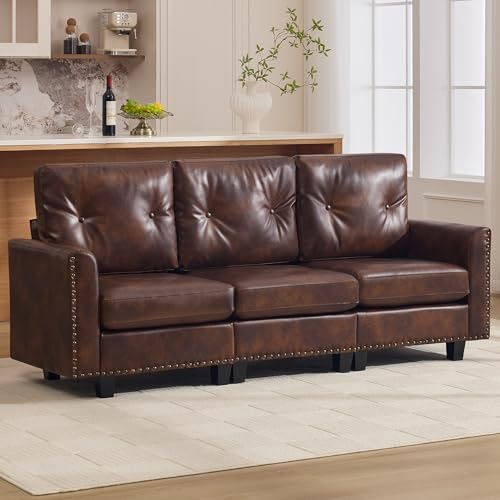 Image of 71 inch Faux Leather Modular Sectional 3 Seater Couch,Brown