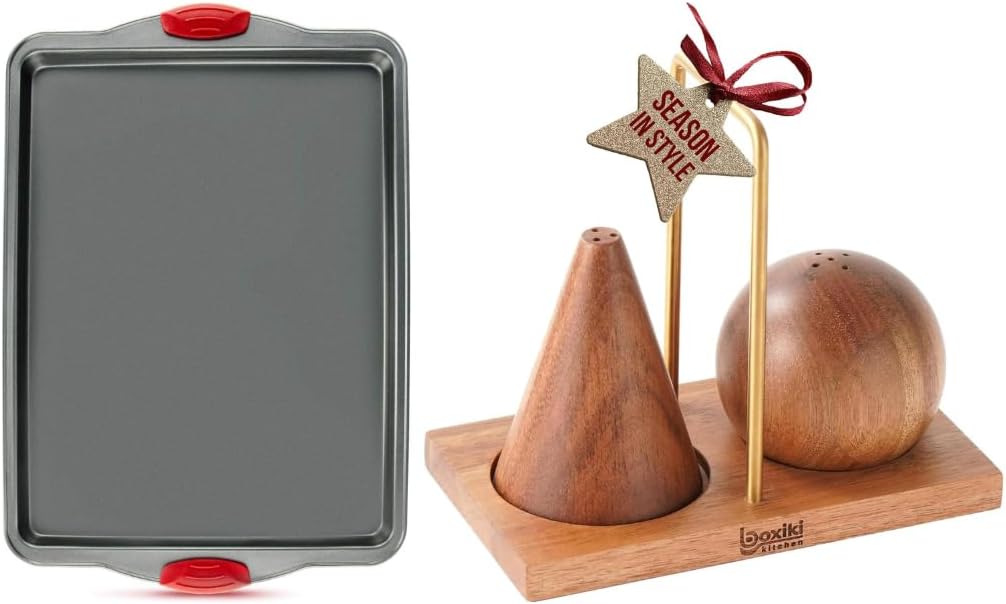 Nonstick Baking Sheet Pan & Acacia Wood Salt and Pepper Shakers – Heavy-Duty Carbon Steel Cookie Tray and Elegant Wooden Seasoning Set for Cooking, Baking & Everyday Kitchen Use