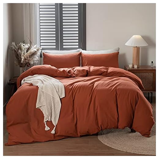 ATsense Duvet Cover Queen Size, 100% Washed Cotton Linen Feel Super Soft Comfortable, 3-Piece Rust Duvet Cover Bedding Set, Durable and Easy Care, Simple Style Farmhouse Comforter Cover