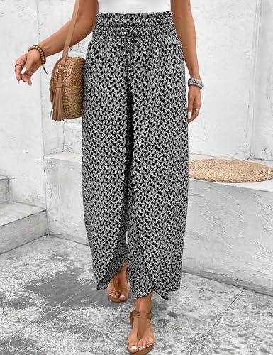 Mansy Women Casual High Waist Split Wide Leg Pants Summer Floral Long Palazzo Pants Lounge Beach Trousers2