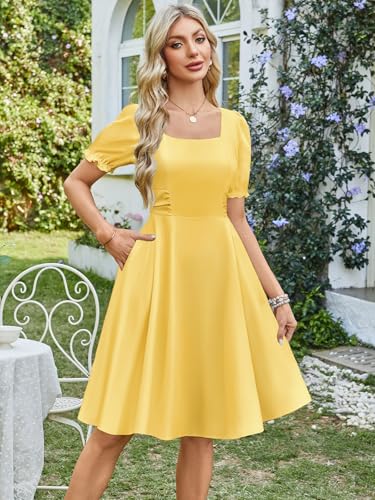 Image of Belle Poque Women's Vintage Midi Cottagecore Cocktail Dresses | Belle Poque Women's Vintage Cottage Core Dress,A-line,Midi,Square Neck,Homecoming Dress,Cocktail Dress,Sun Dress