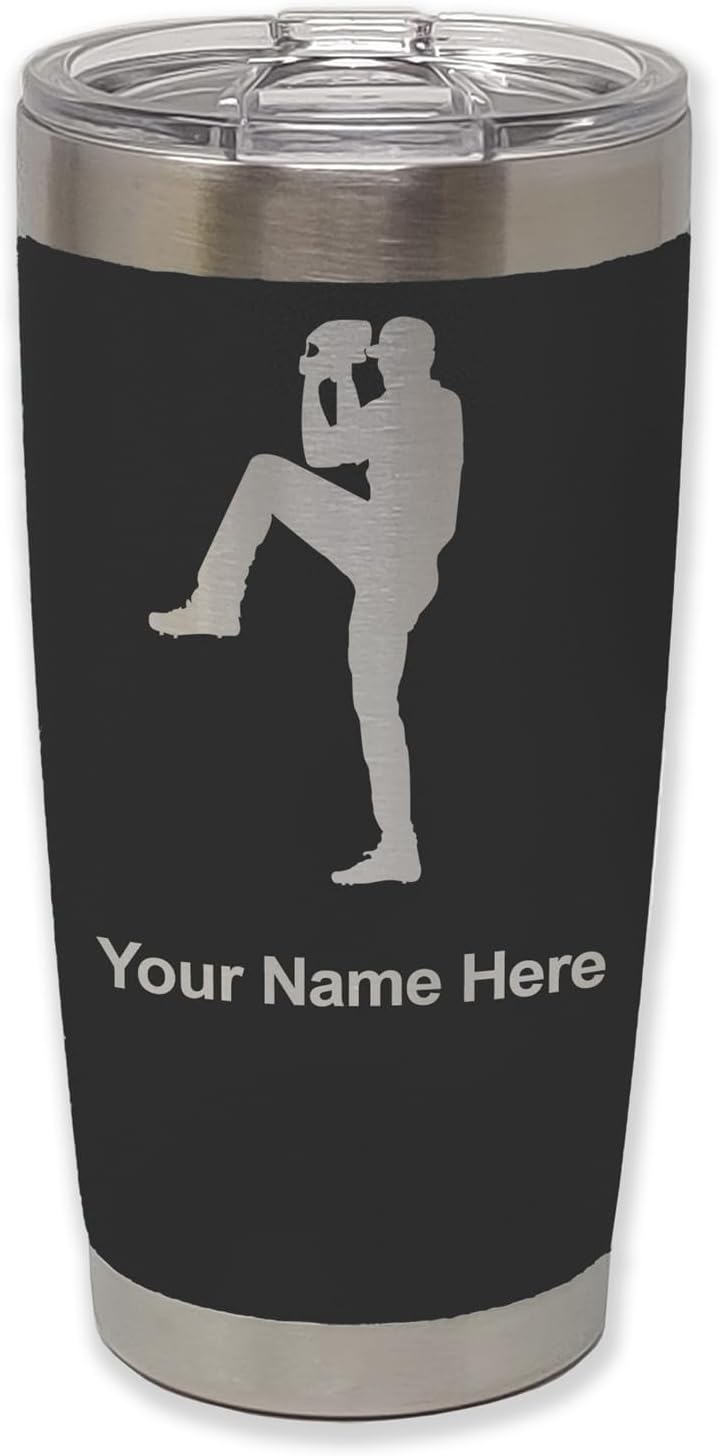 LaserGram 20oz Vacuum Insulated Tumbler Mug, Baseball Pitcher, Personalized Engraving Included (Black)