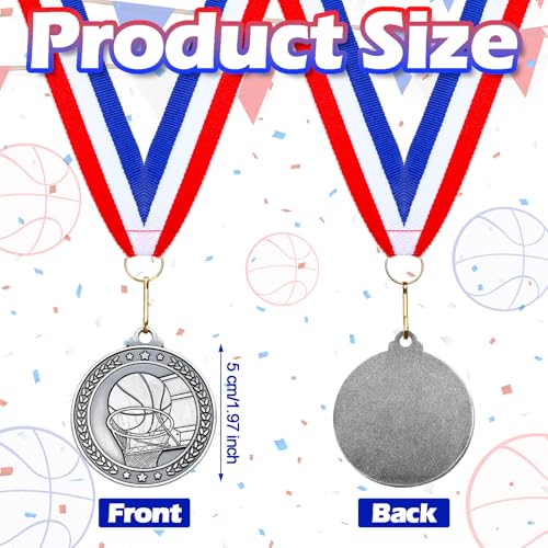 Remuuly 30 Pcs Silver Medals Bulk 2'' Basketball Soccer Volleyball Hockey Medals for Awards Metal Trophy with Neck Ribbons for Sports Participation Winner Tournaments Gift(Basketball) by Remuuly - Image 2