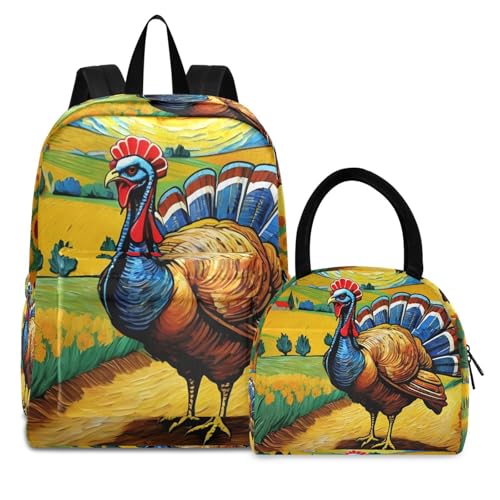 Backpack Lunch Bag Set Turkey Van Gogh Print, Big Storage Travel Backpacks with Insulated Lunch Box for Office Hiking Picnic