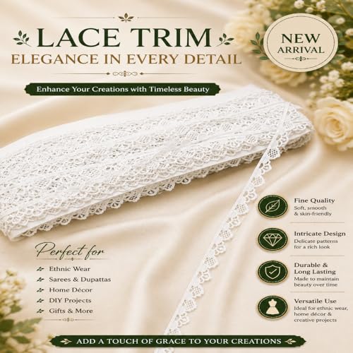 Image of White Floral Embroidered Lace Border for Sewing Craft Decoration Dress Saree Blouse Dupatta Kurti Curtain and DIY Art Work (RM-LACE48-1)