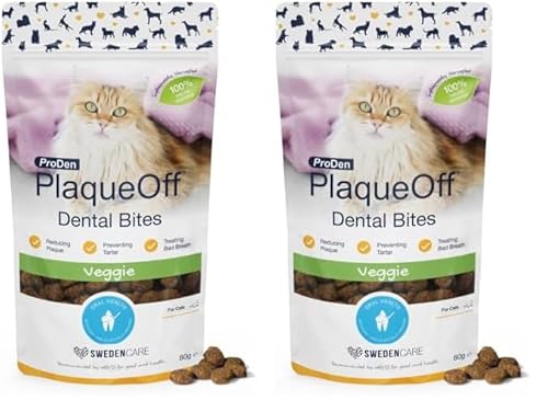 ProDen PlaqueOff Dental Bites - Aperitivos para Gatos, 60 g, para el Mal Aliento, Placa bacteriana, sarro (Paquete de 2)