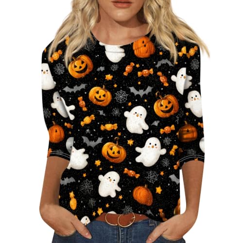 Image of Women Spooky Halloween Graphic Shirt 3 /4 Length Sleeve Crewneck Top | Halloween Funny Printed Pumpkin Plus Size Tshirts 2026 Fall Outfits Skeleton Tee Going Out Tops