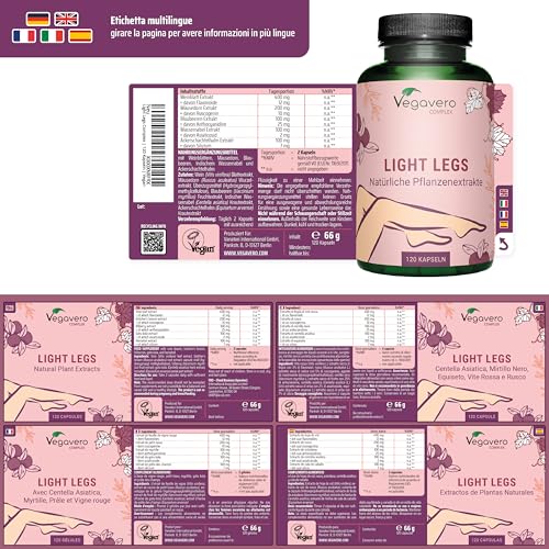 Circolazione Gambe Vegavero® | 120 capsule | 100% NATURALE con Centella Asiatica, Mirtillo Nero, Equiseto, Vite Rossa e Rusco | Integratore per Pesantezza Gambe, Microcircolo e Capillari | Vegan - 3