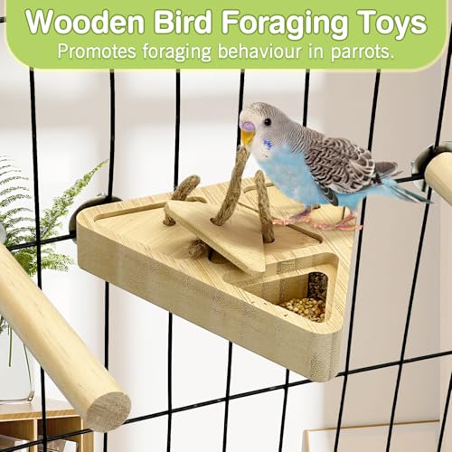 Fhiny Wooden Bird Foraging Toys, Interactive Parrot Puzzle Toys with Perches Stand for Cage Bird Chewing Toys Birdcage Accessories for Parakeets Cockatiels Parrots Love Birds Conures Finches