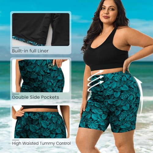 HODOSPORTS Shorts de natação femininos plus size com bolsos UPF50+ shorts de cintura alta com contro