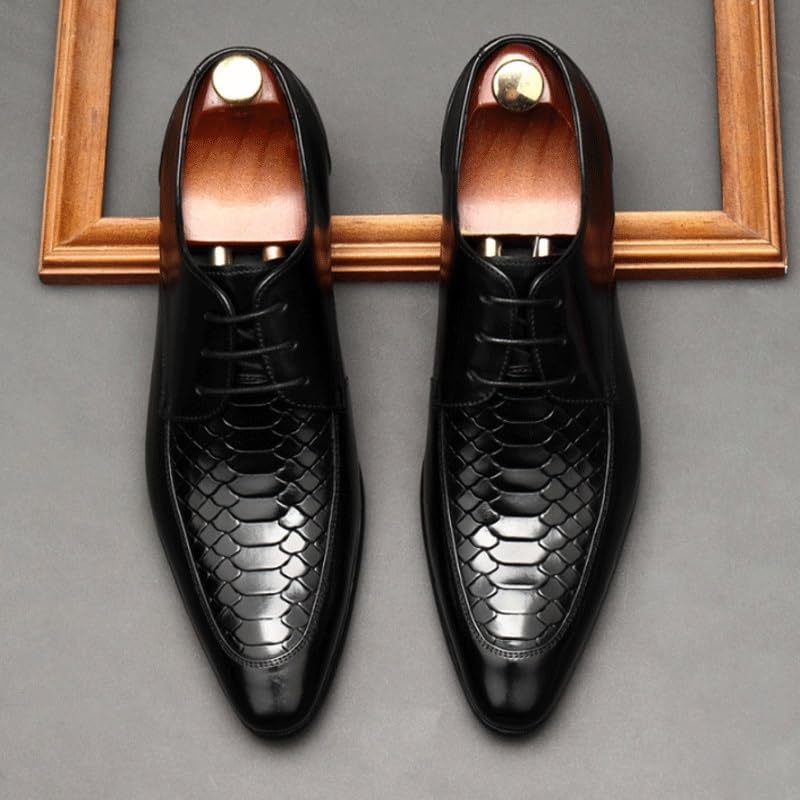 Men's Vintage Crocodile Print Strap Slip On Dress Shoes Pointed Toe Lace up Comfort Breathable Chunky Heels Shoes for Business Work Dating3