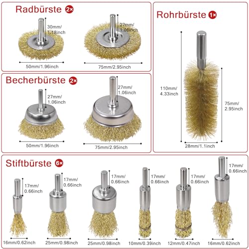 SBGGRL 11 Stück Drahtbürste für Bohrmaschine, Topfbürsten & Scheibenbürste & Pinselbürste & Rohrbürste, mit 6mm Drahtbürsten Set für Bohrmaschine Polier Schleifen Entrosten Entgraten Farbe