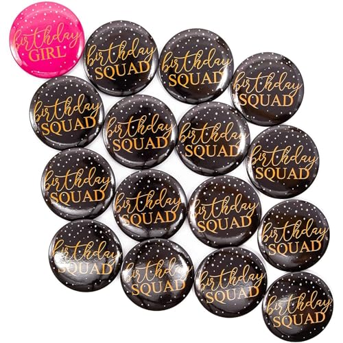 Juvale Birthday Squad Buttons 16 Pack - 2.3 in Medium Black & Pink Plastic - Happy Birthday Crew Pins for Group - Sweet 16 & 21st Crew Accessories