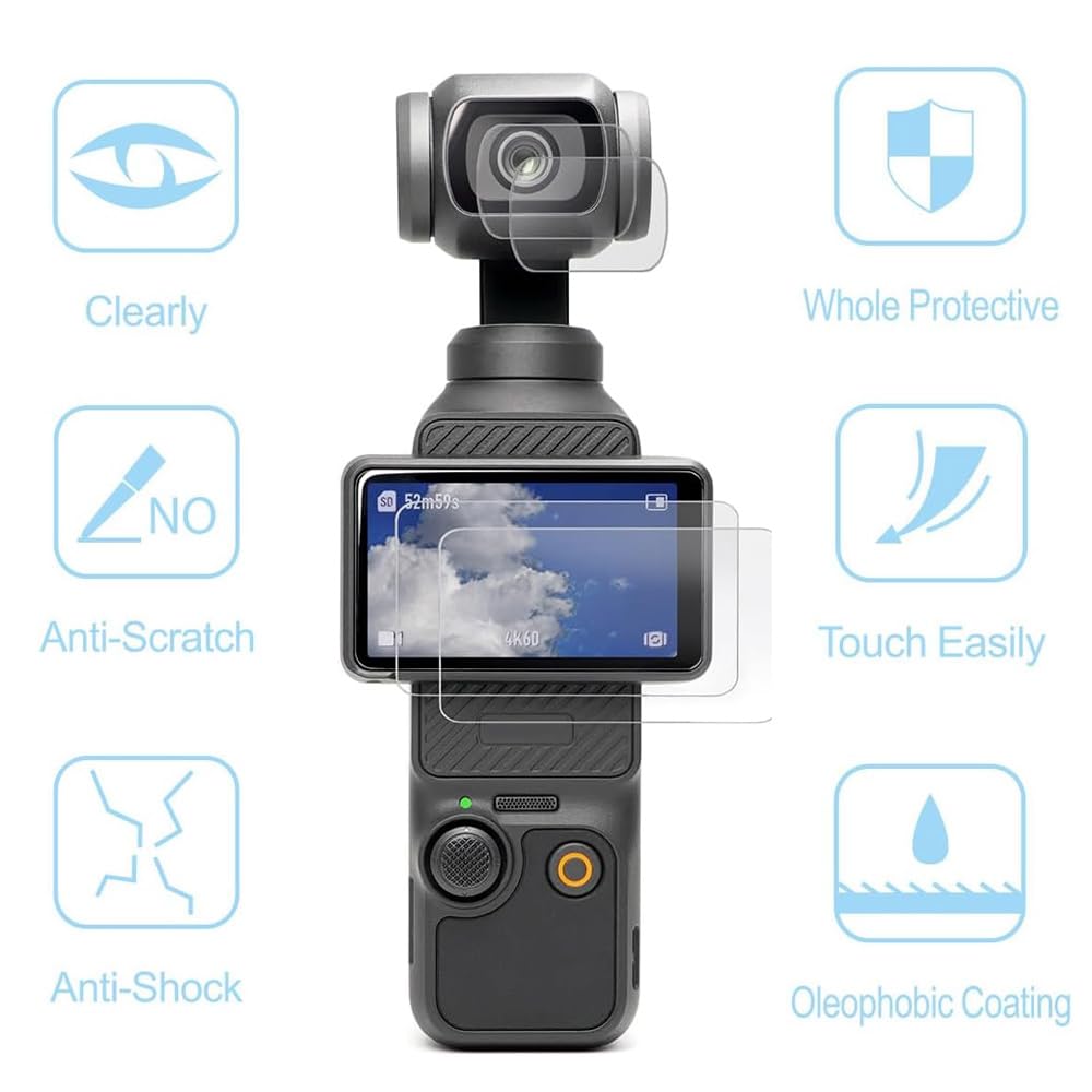 Protecteur d’objectif et protecteur d’écran pour DJI Osmo Pocket 3 accessoires avec couvercle de film d’affichage LCD en verre trempé Dureté 9H Anti-rayures Anti-bulles [2Pack]