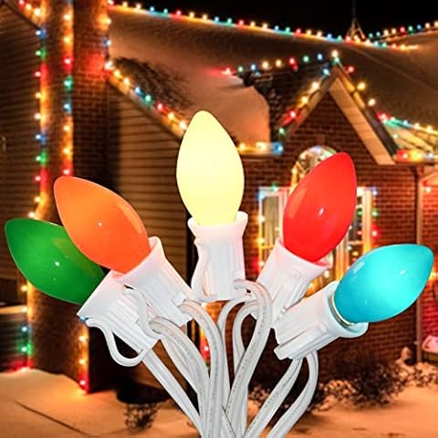 25Ft Christmas Lights Multicolor, C7 Vintage Christmas Lights with 27 Colorful Ceramic Bulbs, Hanging Outdoor Christmas Lights for Christmas Tree Party Prom Wedding Holiday Patio Decor, White Wire Cover