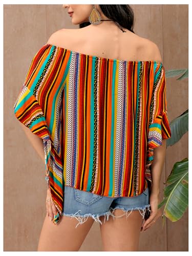 Verdusa Women's Off Shoulder Shirred Half Sleeve Loose Striped Blouse Shirt Top2