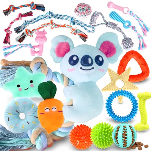 Aitmexcn 20 Pcs Puppy Toys for Teething Puppy Chew Toys with Cute Squeaky Dog Toys Treat Ball Puppy Teething Rings and Ropes Rubber Toy Bundle for Small Dogs