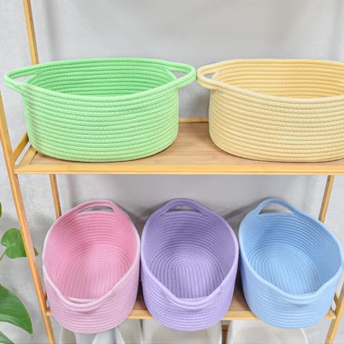 Image of ABenkle Small Basket with Handles, Boho Decorative Rope Woven Dog Cat Toy Storage Bin Shelf Storage Organizer, Easter Christmas Gift Basket, 12 inchx8 inchx5 inch