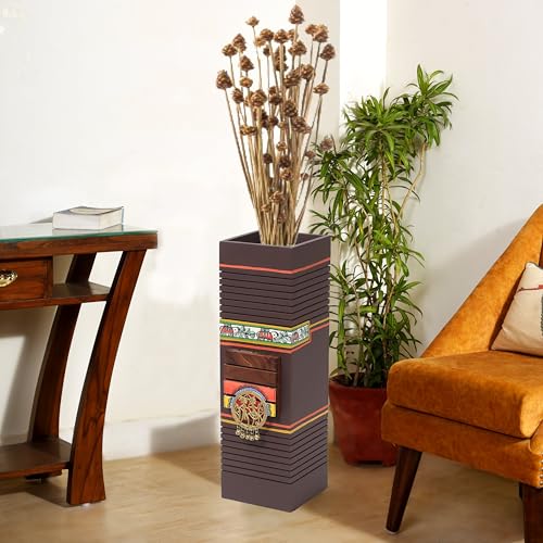 Image of AAKRITI ART CREATIONS Moses Wooden Planter in Brown with Brass Motifs | Hand-Painted Madhubani Art Planter | Matte Finish Decorative Planter for Living Room, Floor Decor & Gifting