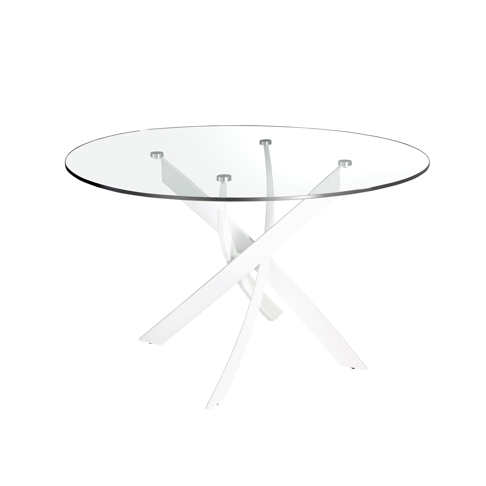 Mesa de Comedor Redonda Ángel Cerdá 1138 de Cristal Templado Transparente y Patas de Acero Color Blanco, Ø 130 x 75 cm