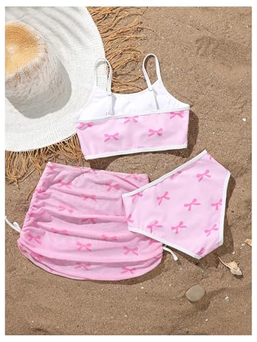 Image of MakeMeChic Girl's 3 Piece Bikini Set Bow Swimsuit Spaghetti Strap Cute Bathing Suit with Ruched Cover Up Skirt Pink A 10Y