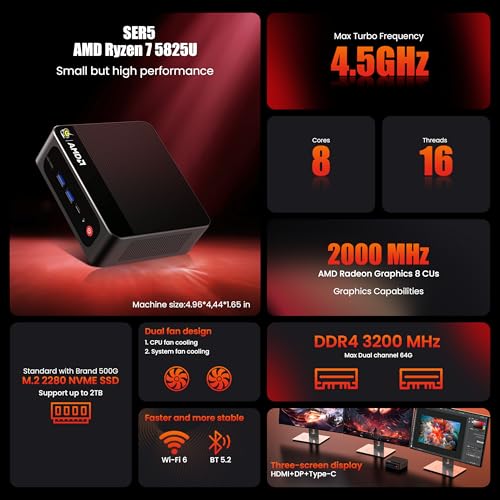 Beelink Mini PC, SER5 Pro 5825U AMD Ryzen 7 (Up to 4.5GHz) 16GB DDR4 500GB PCle 3.0 SSD Mini Desktop Computer, 2.5G LAN, Wifi6/BT5.2,HDMI/DP/Type-c/4K Triple Display Windows 11 Pro Micro PC