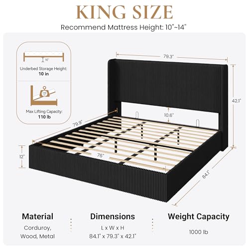 Image of SHA CERLIN King Lift Up Storage Bed Frame, Upholstered Corduroy, Black
