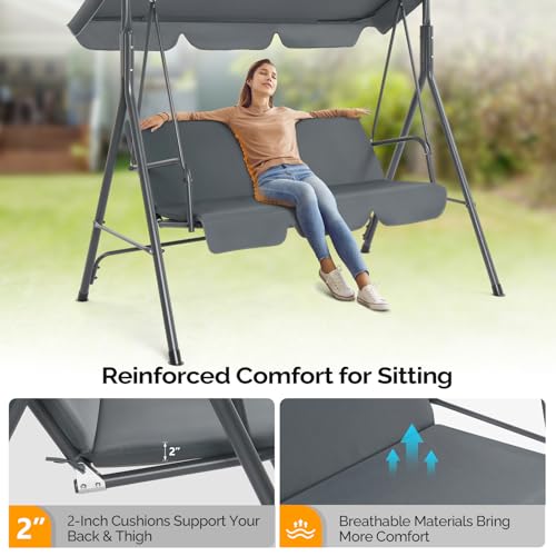 Image of VINGLI Heavy Duty 550 LBS Upgraded 2 Person Outdoor Porch Swing with Stand, Adjustable Canopy Swing with Cushions & Steel Frame for Yard, Pool, Lawn, Indoors (Grey)