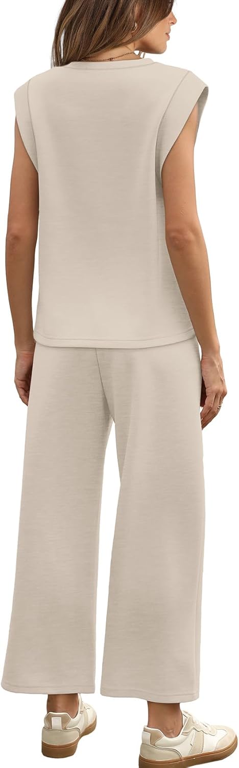 WIHOLL Two Piece Sets for Women Summer Spring Lounge Sets Travel Vacation Outfits Cap Sleeve Side Slit Wide Leg Pants S-3XL - Image 5