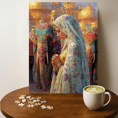 Indian Traditional Portrait Elephant India Jigsaw Puzzle - 500 Pieces Wooden Puzzle for Adults, Wall Art Gift, Finished Size: 20 x 15 Inch
