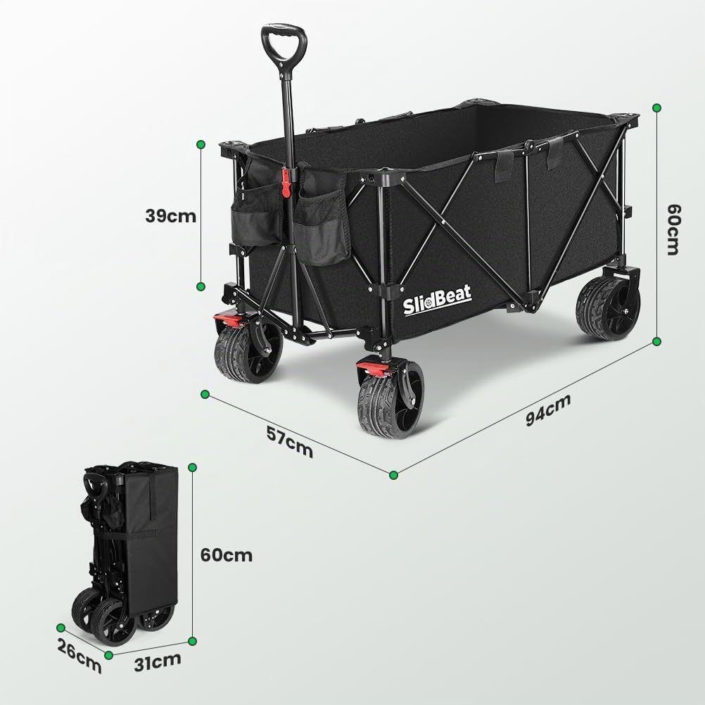 SLIDBEAT Chariot Tout Terrain Pliable - 226kg Capacité 300L, Roues XXL 18cm, Chariot Plage avec Freins, Structure Triangulaire Renforcée, Toile 600D Imperméable - Pour Plage, Camping, Peche, Transport