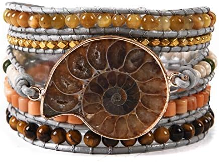 YGLINE Natural Stone Bracelet 5 Wraps Bracelet Handmade Blue Color Boho Bracelet for Women Bracelet (Ammonite Fossil Jasper)