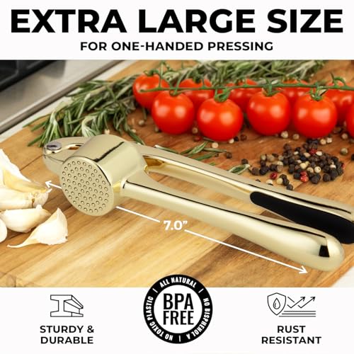 Image of Zulay Kitchen Large Premium Garlic Press Set - Bigger Bowl for Bigger Garlic - Rust Proof Garlic Mincer Tool - Easy-Squeeze, Easy-Clean Silicone Garlic Peeler & Brush (Gold)
