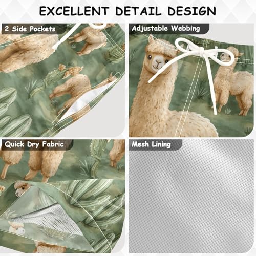 Pigsaly Boys' Swim Board Shorts Watercolor Green Cacti Cute Llama Alpacas Boy's Swim Trunks Kids Swimwear S3