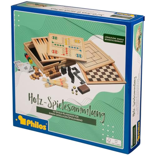 Philos Wooden Game Compendium - 30cm - 8 in 1 Board Game - Chess, Backgammon, Draughts, Nine Mens Morris, Ludo, Dominoes, Playing cards and Mikado - Games for kids and adults