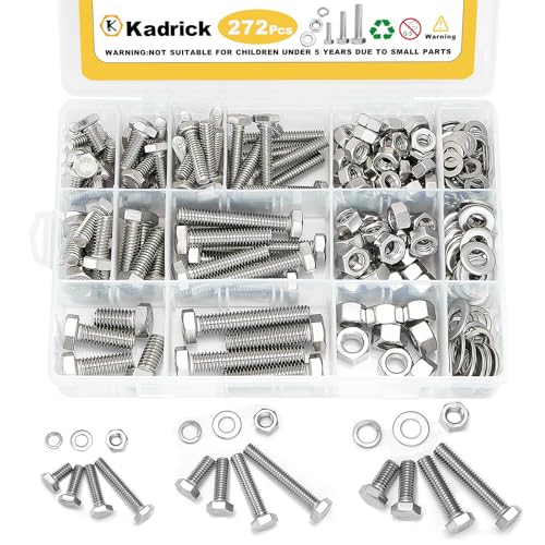 Image of Kadrick 272Pcs 18-8(304) Stainless Steel Hex Bolts Assortment,1 /4-20 5 /16-18 3 /8-16 Heavy Duty Bolts and Nuts Kit, Assorted SAE Bolts Nuts Flat&Lock Washers,Lenth Form 1 /2''-2''